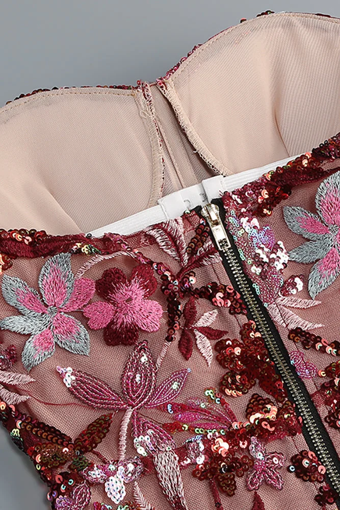 Red Flower Sequin Strapless Mesh Dress