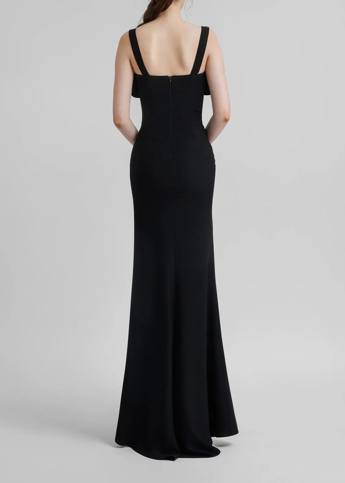 Black Mesh Full-Length Bustier Dress with Bow Detail