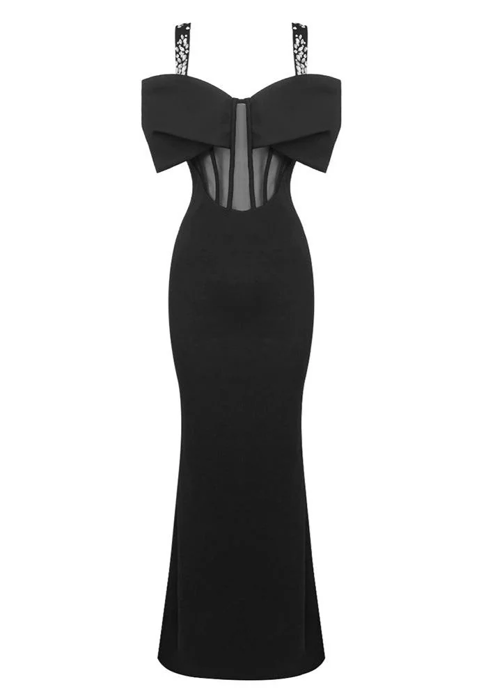 Black Mesh Full-Length Bustier Dress with Bow Detail