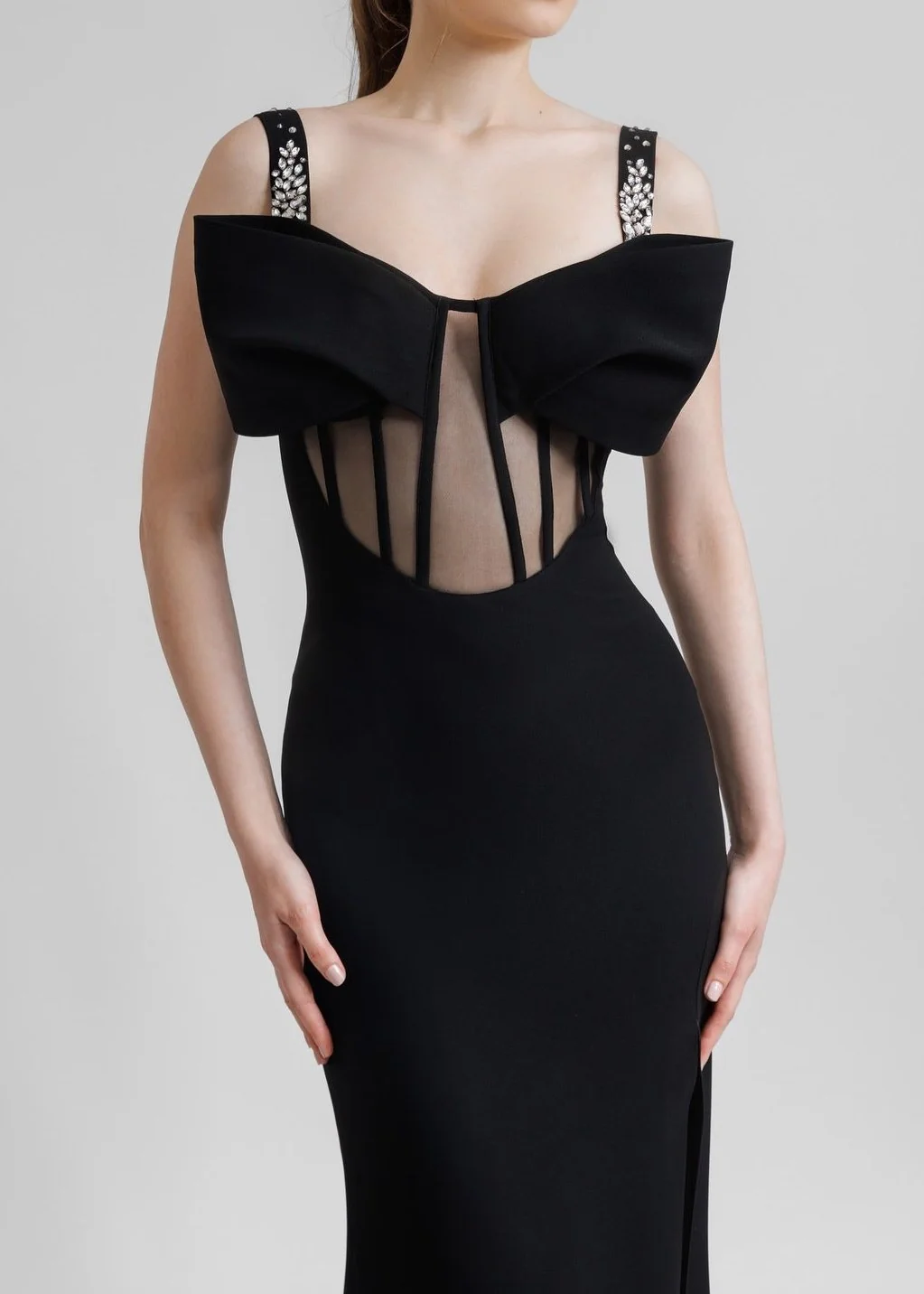 Black Mesh Full-Length Bustier Dress with Bow Detail