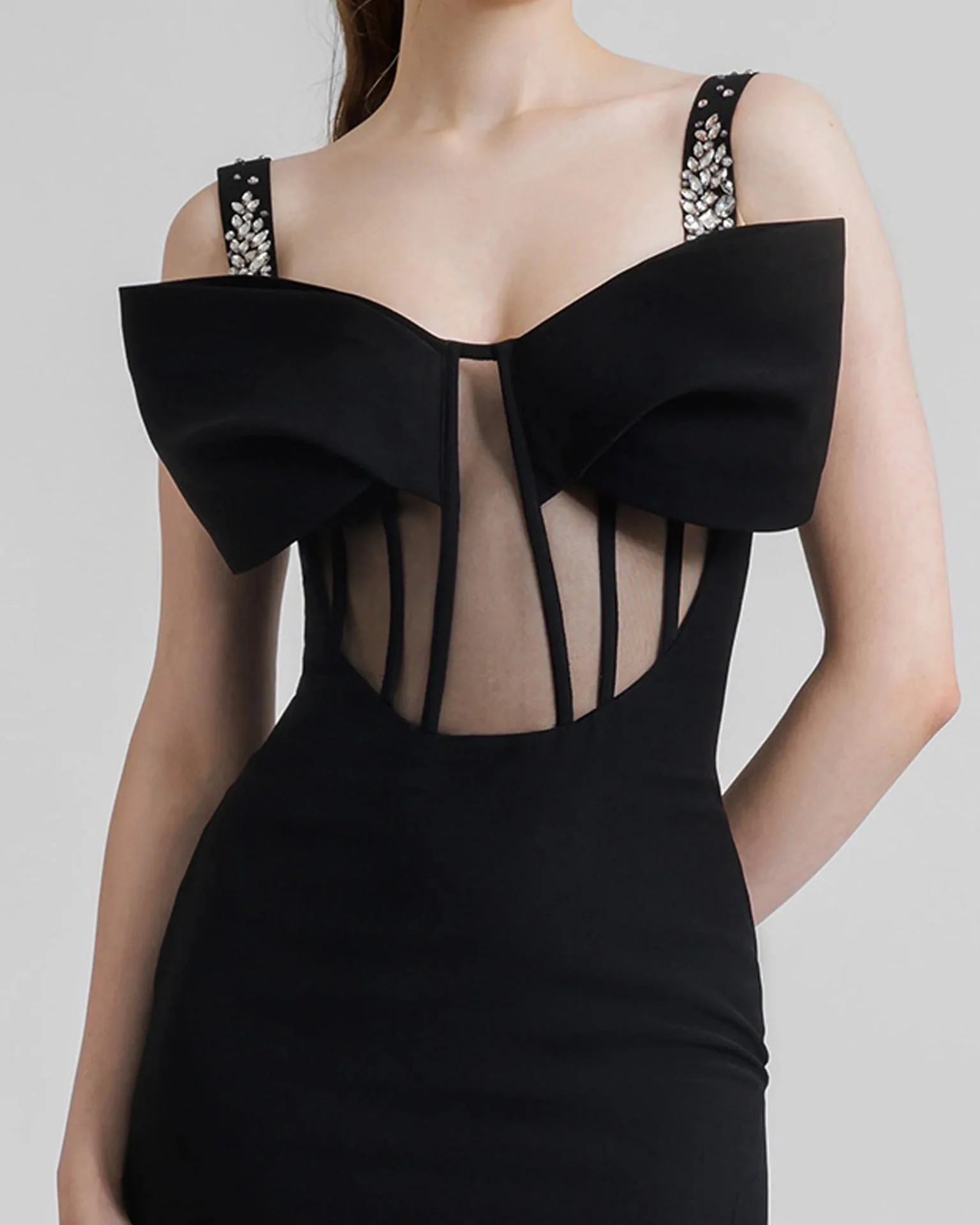 Black Mesh Full-Length Bustier Dress with Bow Detail