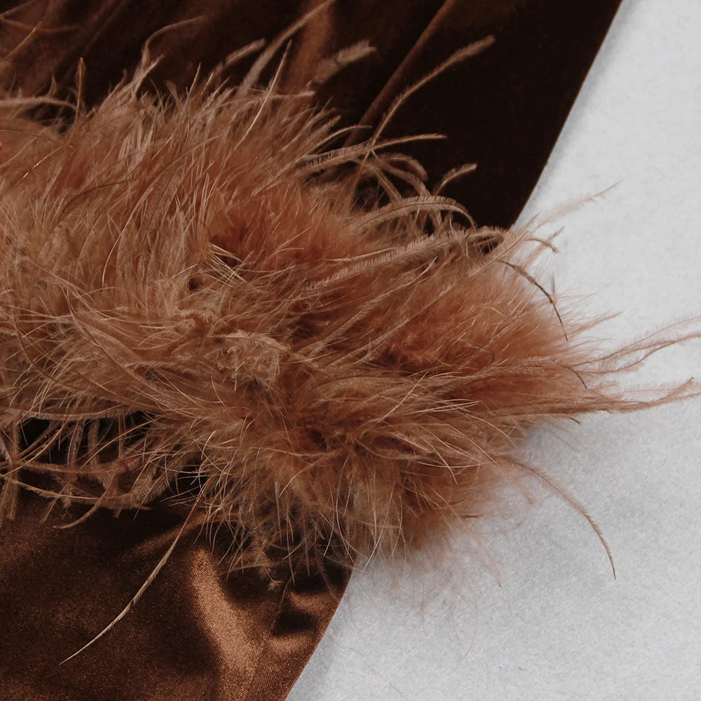Brown Velvet Strapless Feather Hem Midi Dress