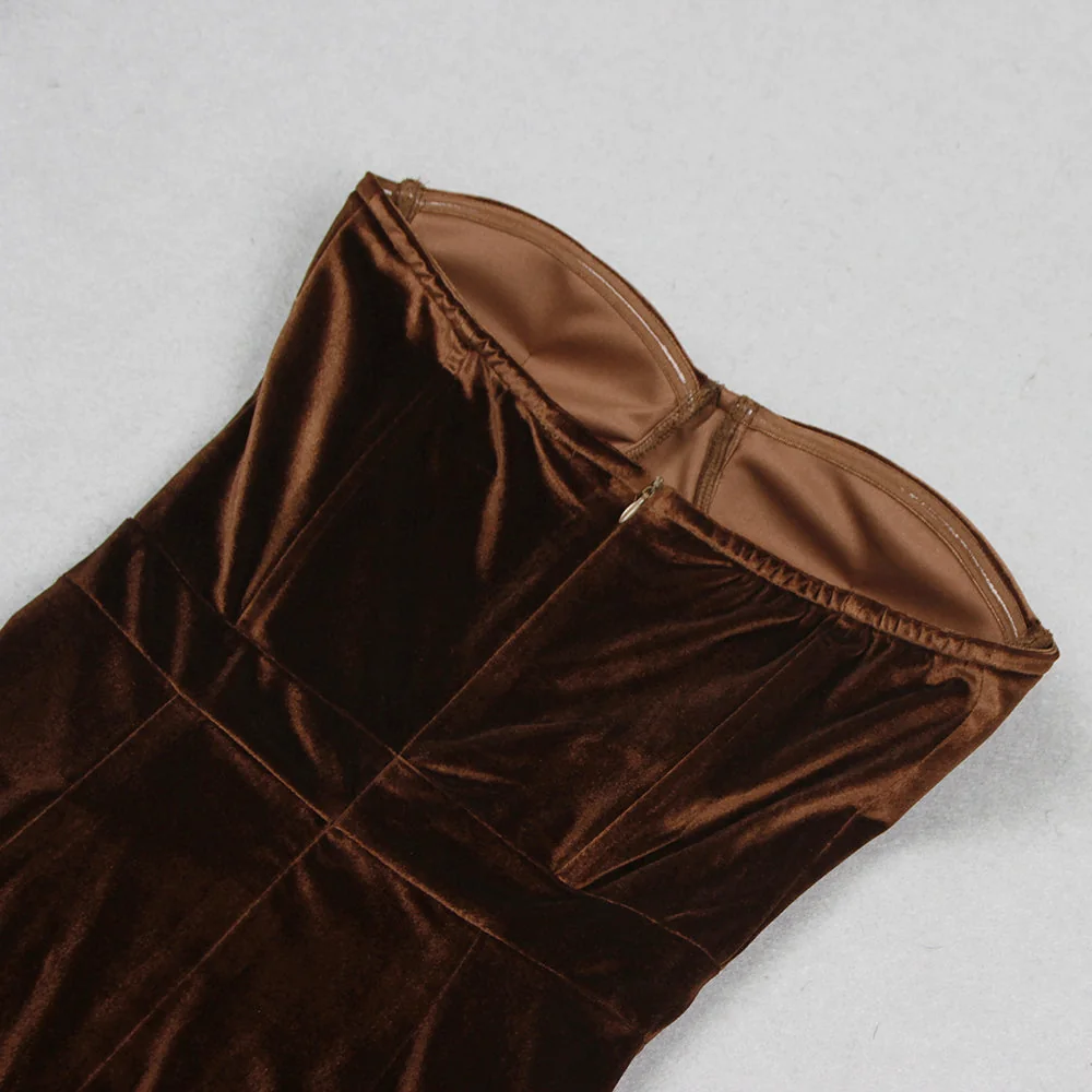 Brown Velvet Strapless Feather Hem Midi Dress