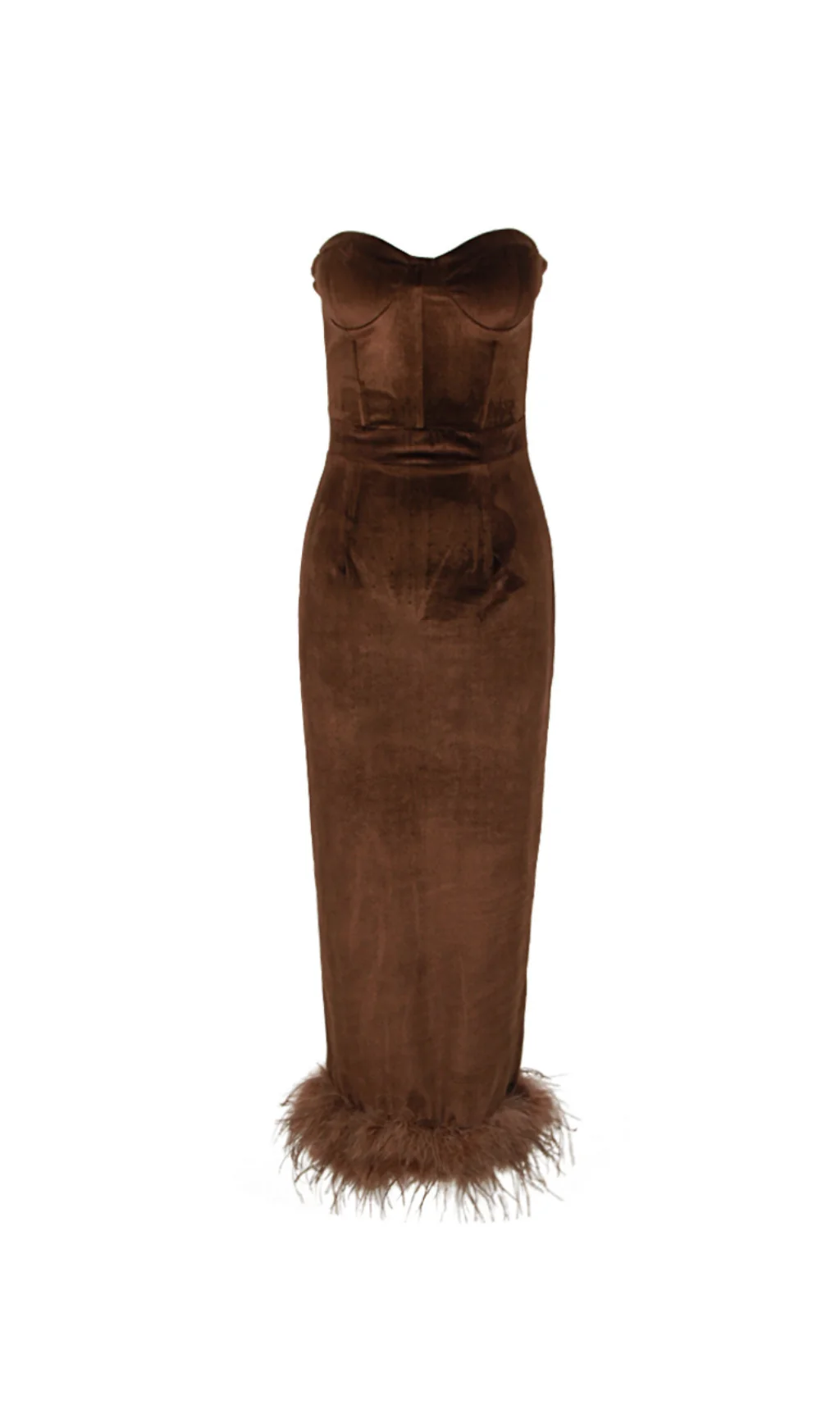 Brown Velvet Strapless Feather Hem Midi Dress