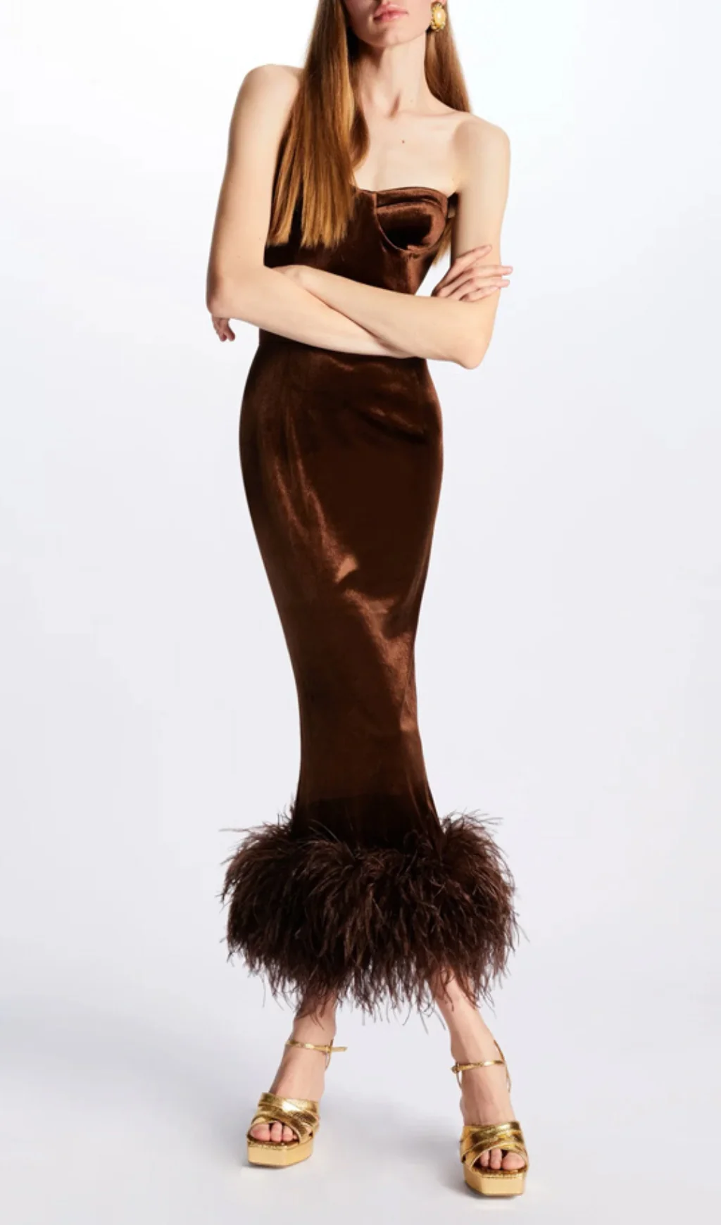 Brown Velvet Strapless Feather Hem Midi Dress
