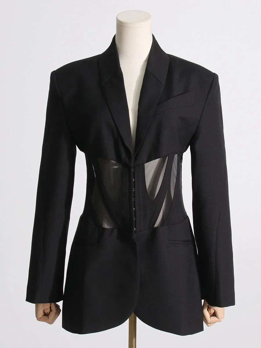 Black V-Neck Corset Jacket - Elegant Slim Fit Outerwear