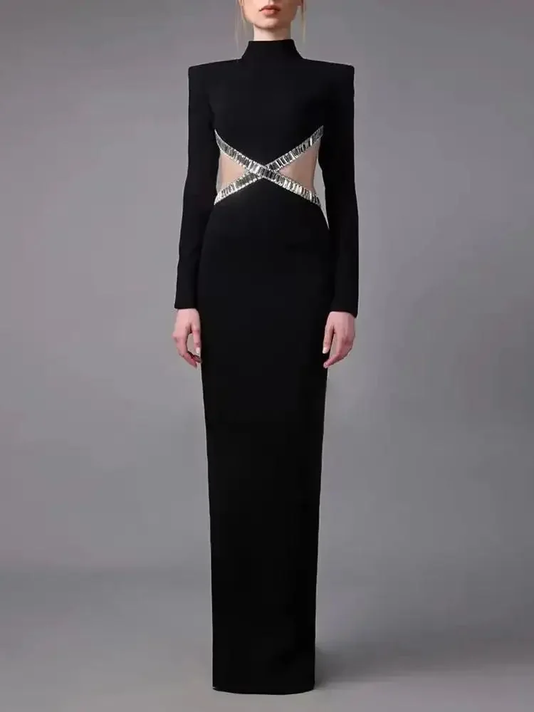 Black Cutout Embroidered Maxi Dress with Crystal Detailing