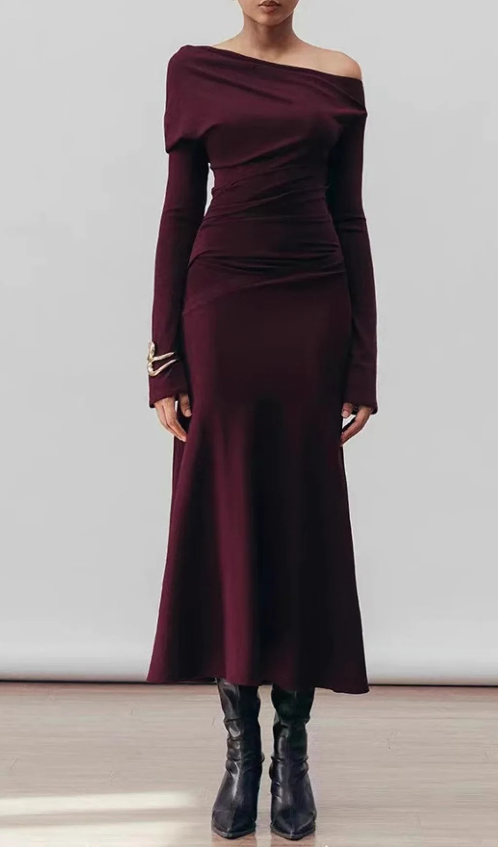 Burgundy One-Shoulder Jacquard Maxi Dress