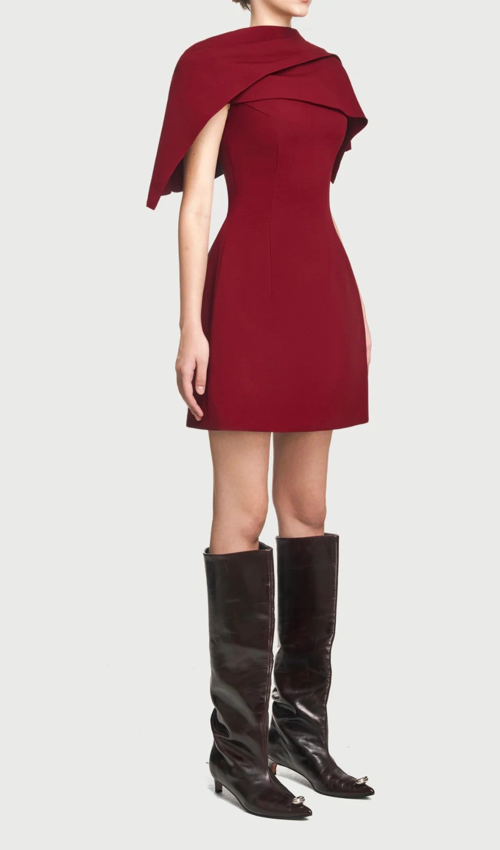 Burgundy Asymmetrical Shoulder Pleat A-line Mini Dress