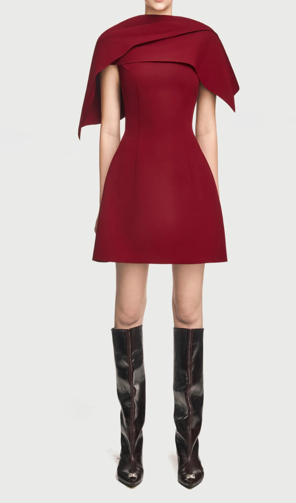 Burgundy Asymmetrical Shoulder Pleat A-line Mini Dress