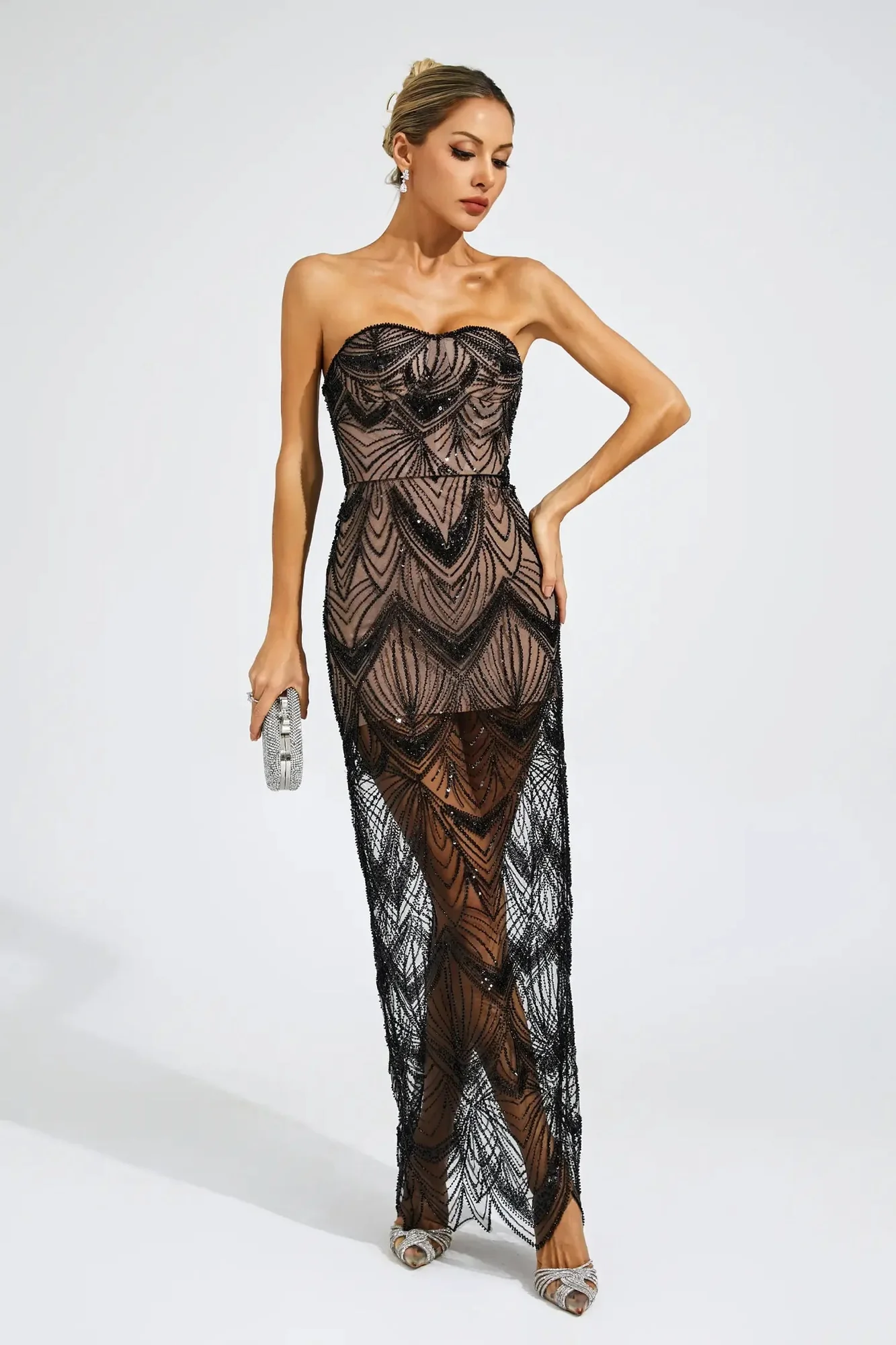 Black Sequin Off-Shoulder Evening Dress - Elegant Glamorous Design