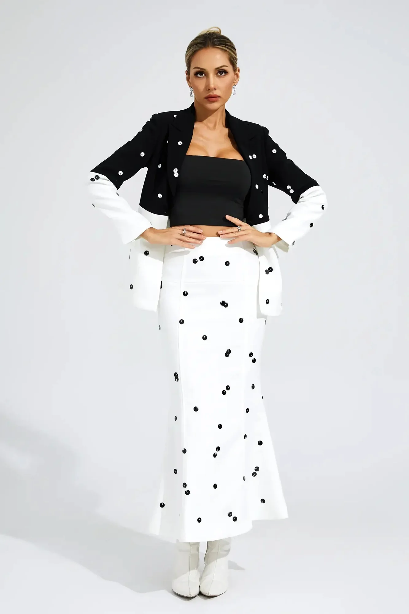 Sequin White Blazer Set with Polka Dot Design