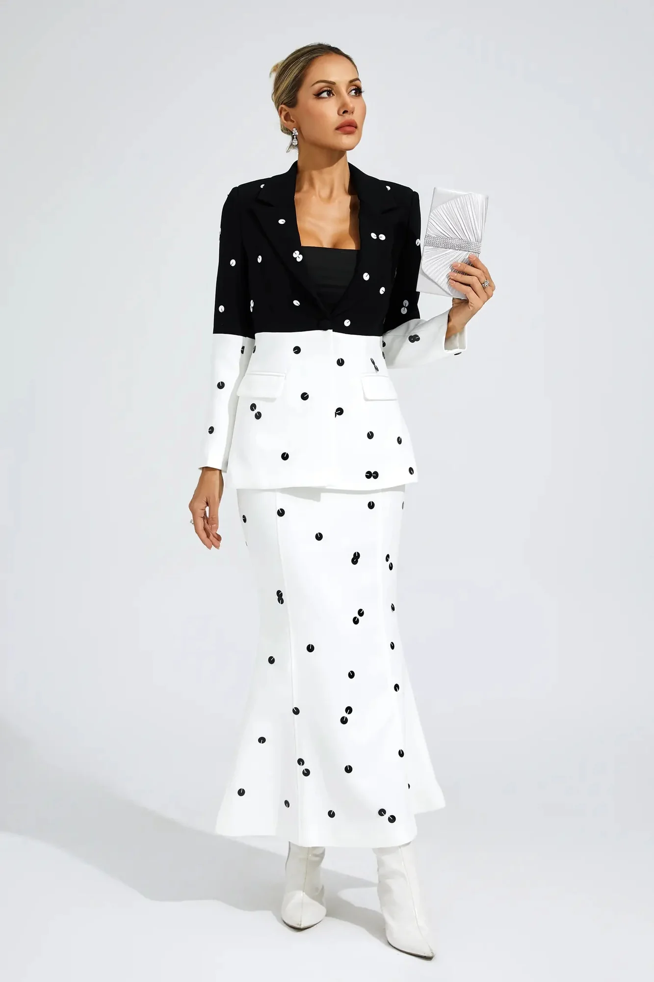 Sequin White Blazer Set with Polka Dot Design