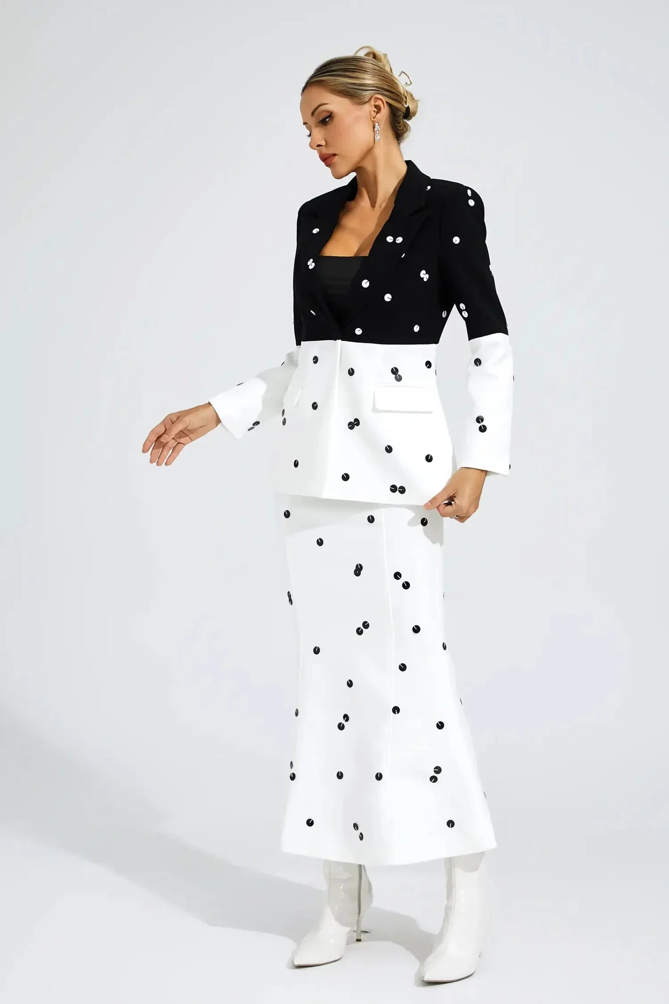 Sequin White Blazer Set with Polka Dot Design