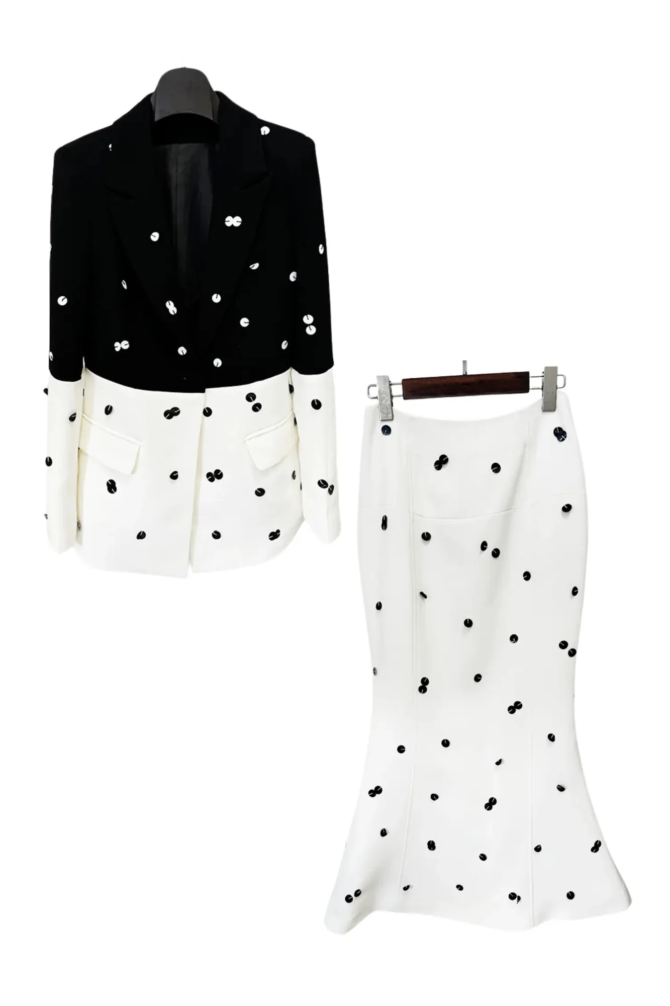 Sequin White Blazer Set with Polka Dot Design