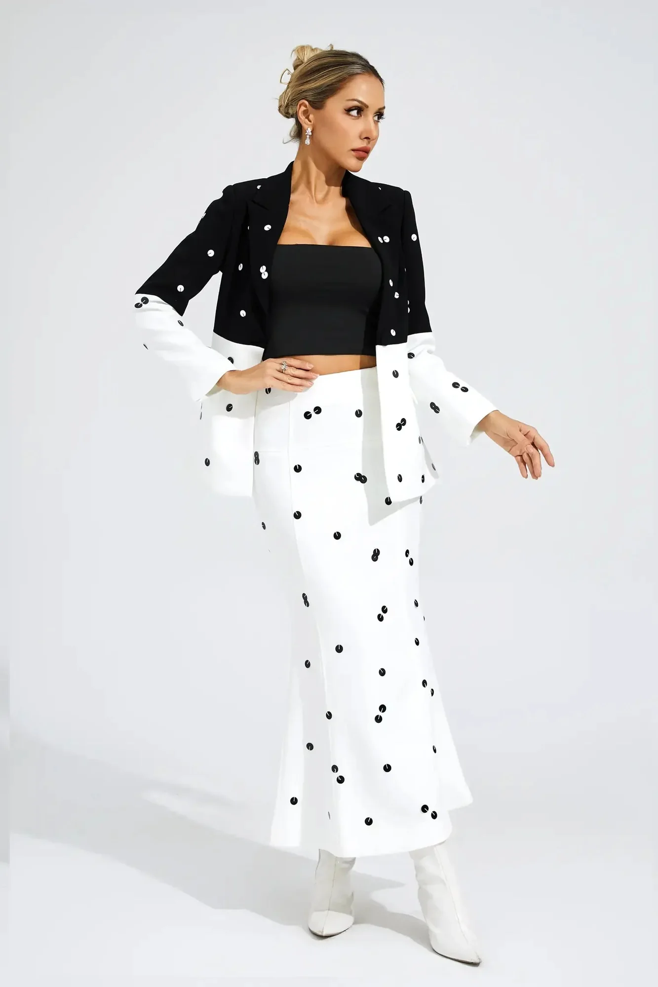 Sequin White Blazer Set with Polka Dot Design