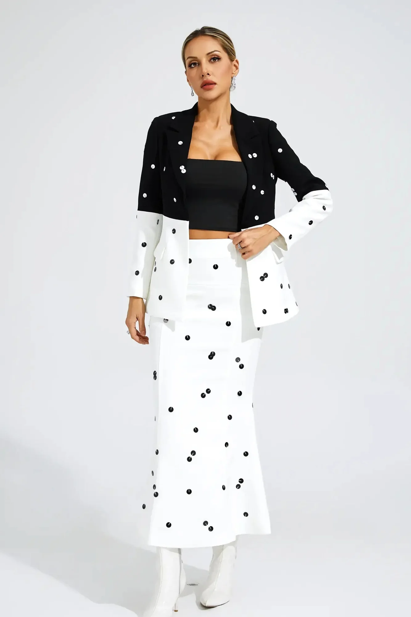 Sequin White Blazer Set with Polka Dot Design