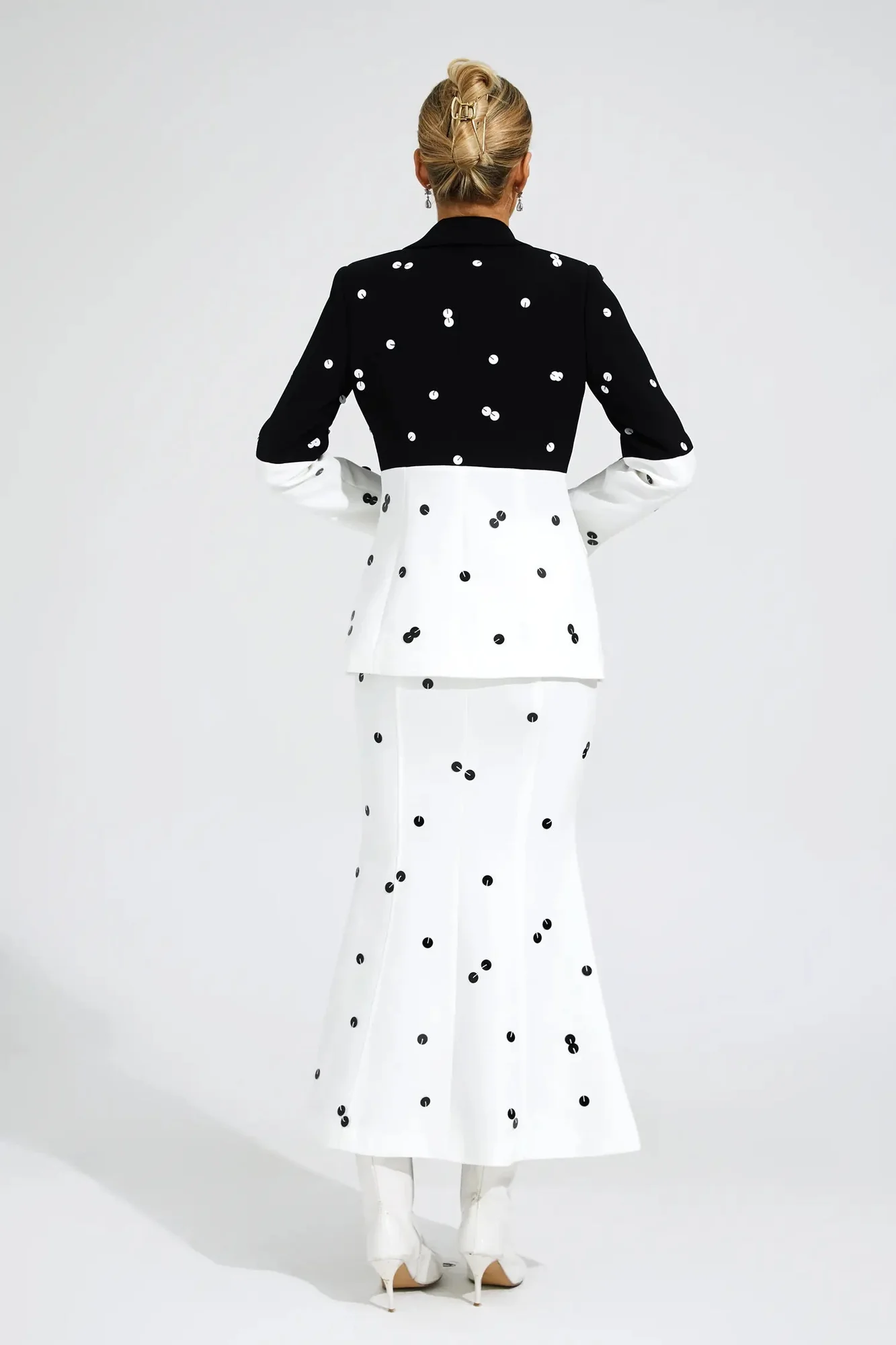 Sequin White Blazer Set with Polka Dot Design