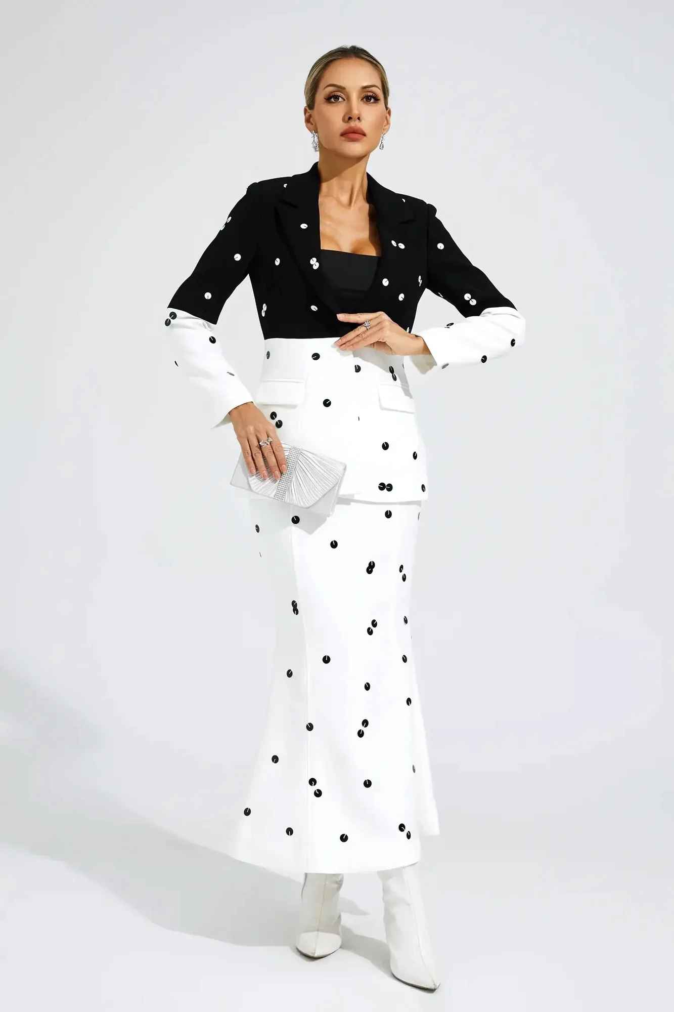 Sequin White Blazer Set with Polka Dot Design