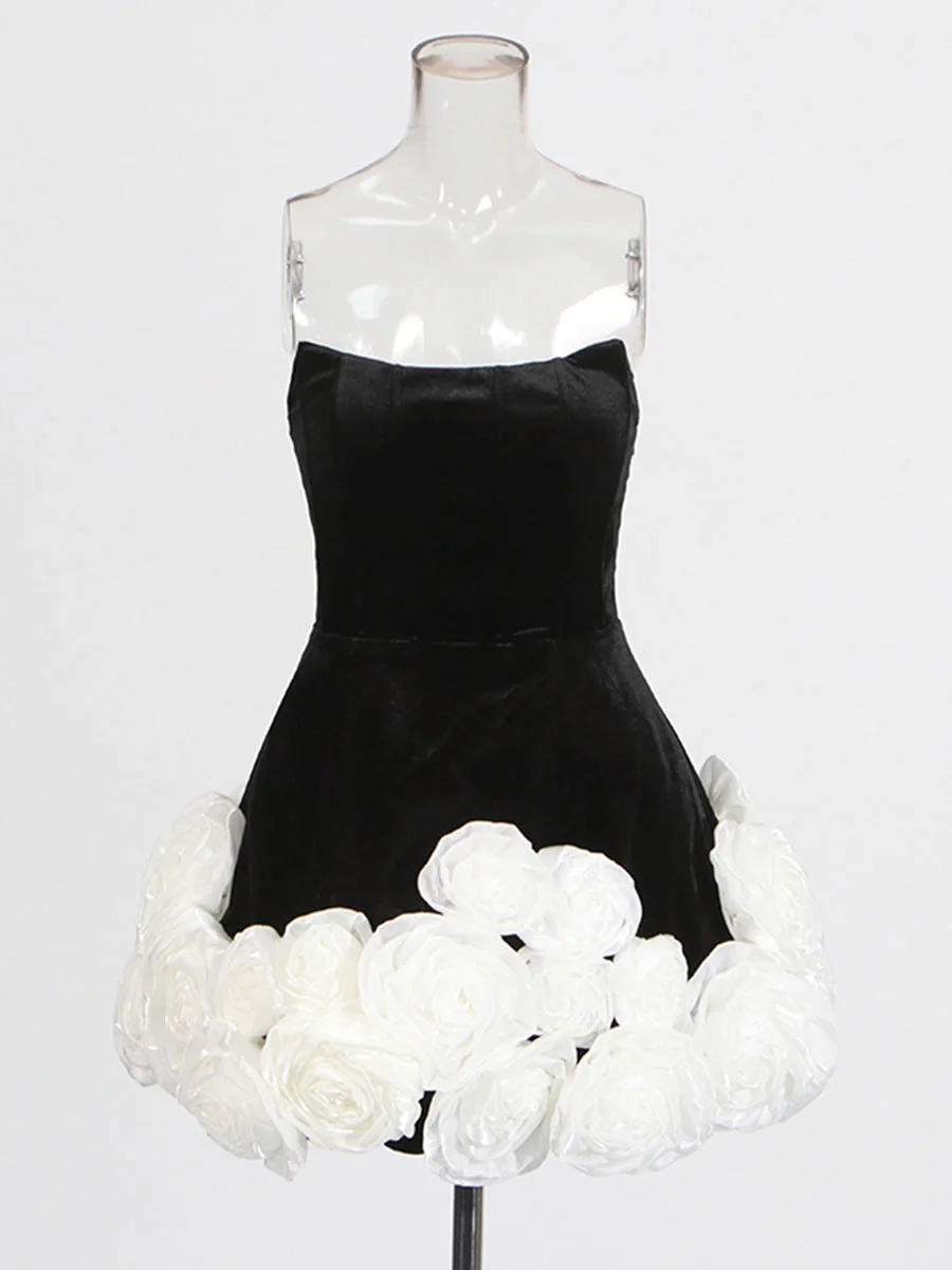 Chic Black Flower Hem Strapless Mini Dress