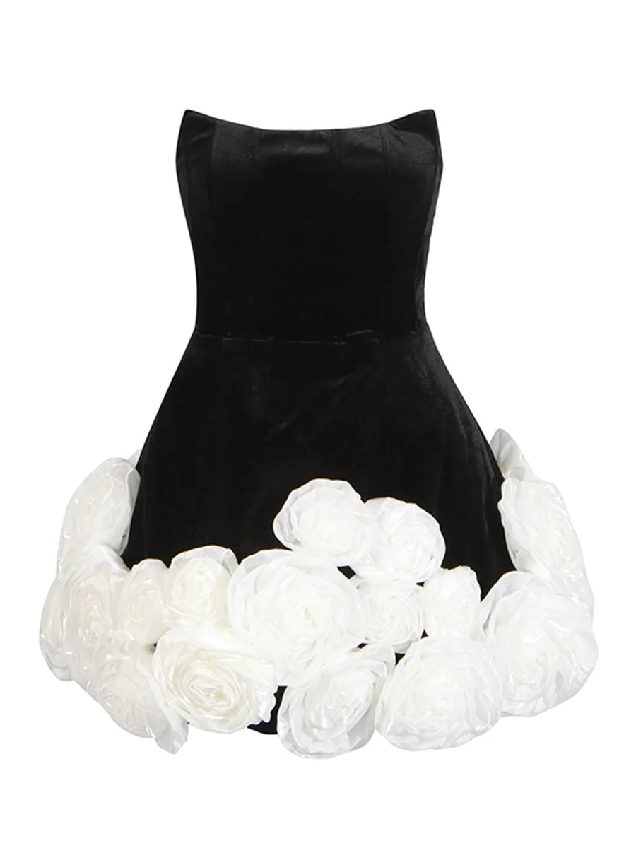 Chic Black Flower Hem Strapless Mini Dress