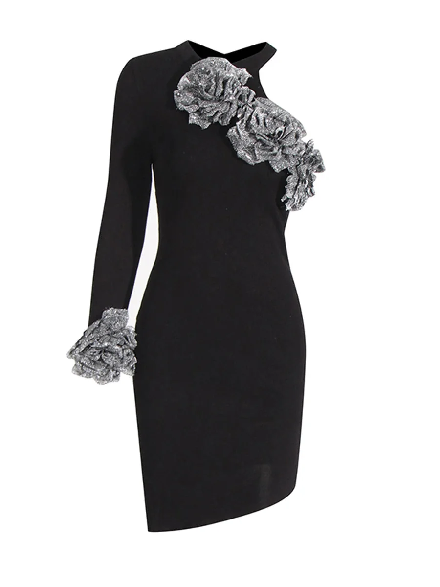 Black One-Shoulder Floral Mini Dress