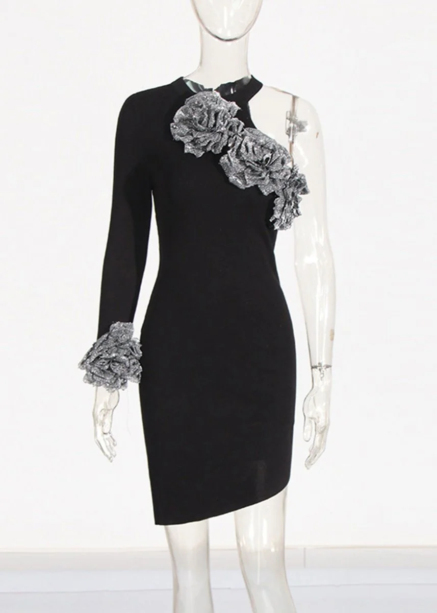 Black One-Shoulder Floral Mini Dress