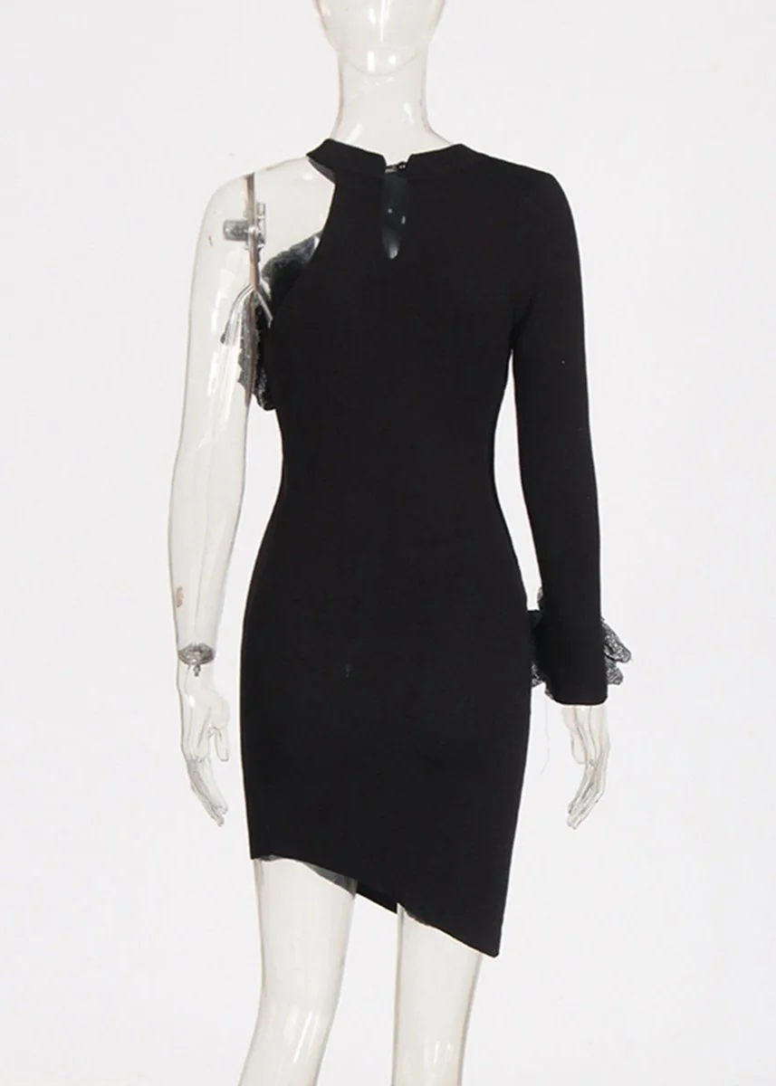 Black One-Shoulder Floral Mini Dress