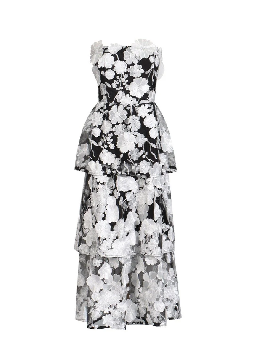 Black Floral Tiered Maxi Dress - Elegant Cocktail Eventwear