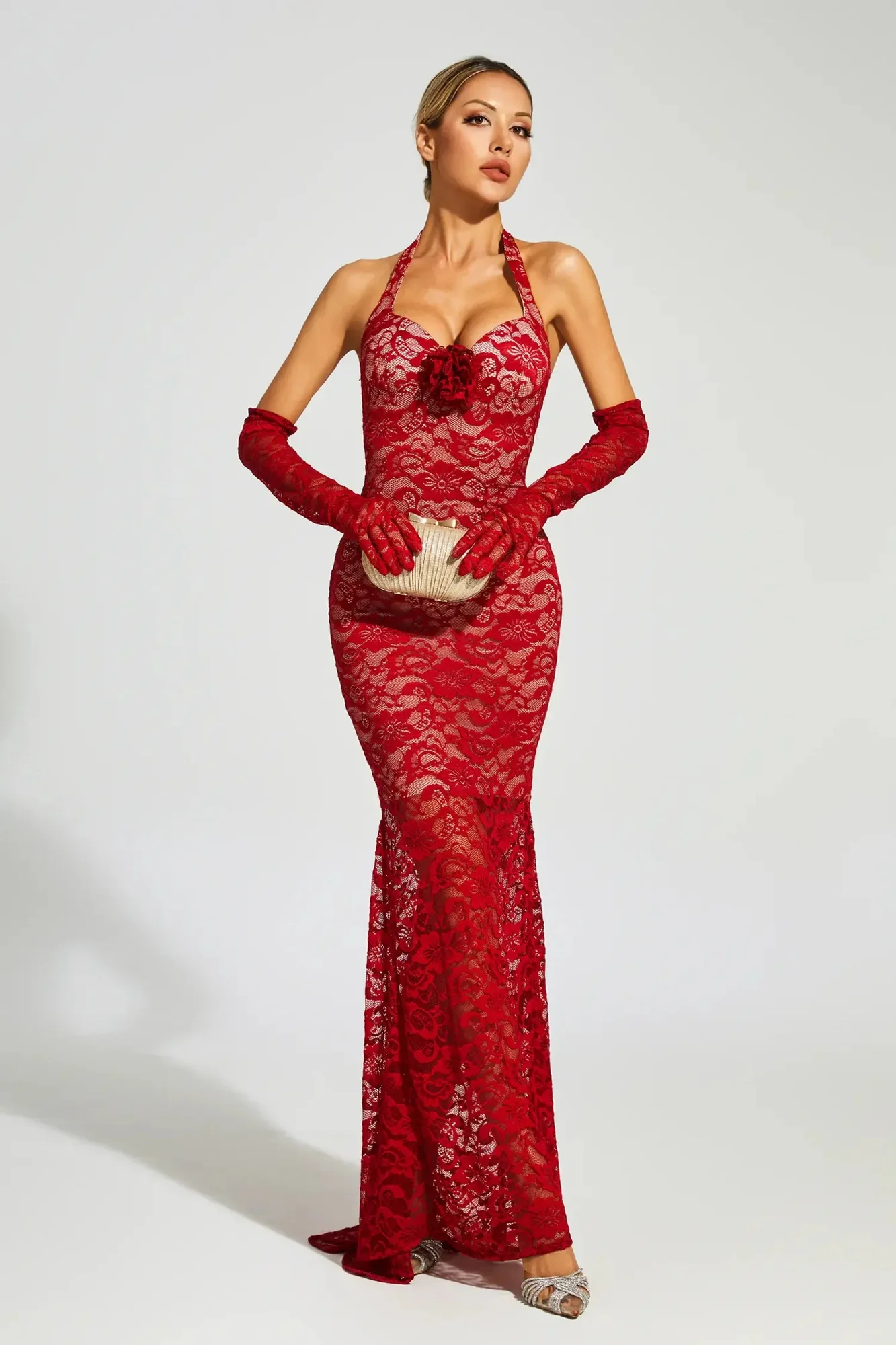 Wine Red Lace Mesh Maxi Dress - Elegant Evening Wear