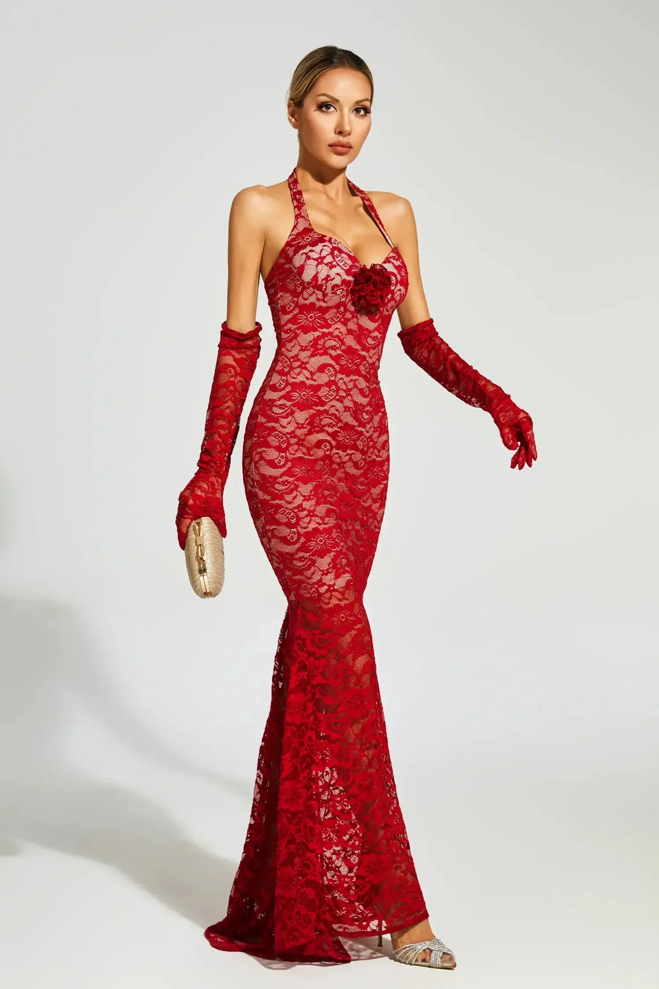 Wine Red Lace Mesh Maxi Dress - Elegant Evening Wear