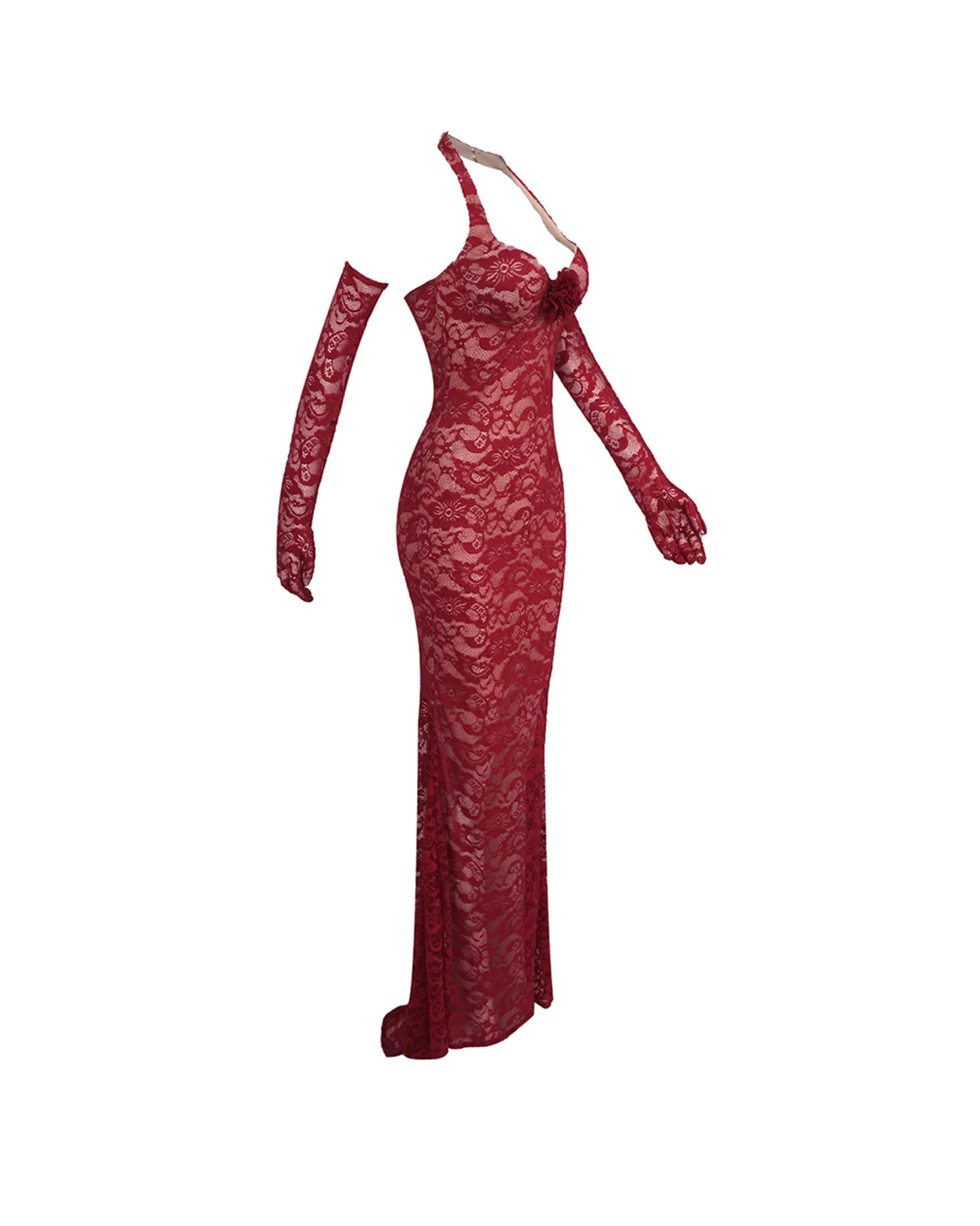 Wine Red Lace Mesh Maxi Dress - Elegant Evening Wear
