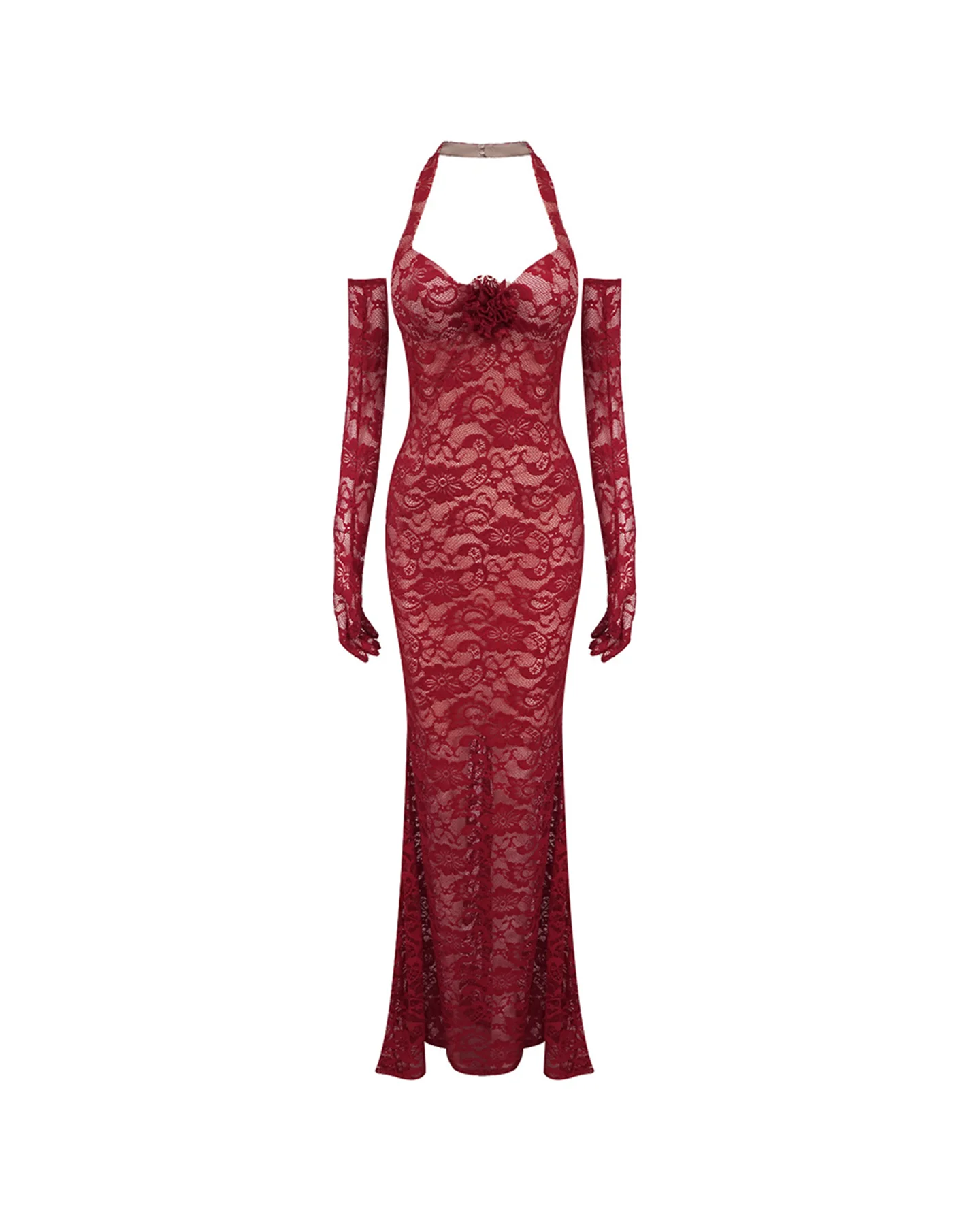 Wine Red Lace Mesh Maxi Dress - Elegant Evening Wear
