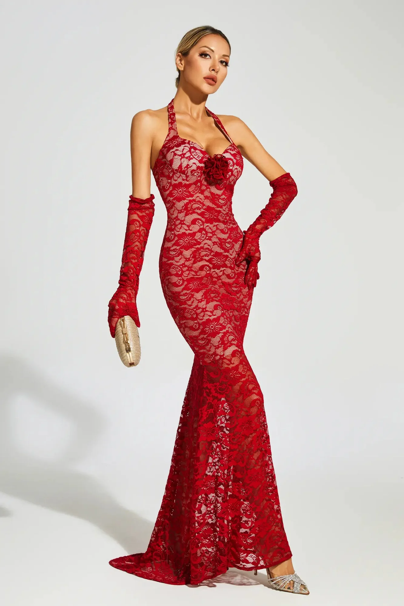Wine Red Lace Mesh Maxi Dress - Elegant Evening Wear