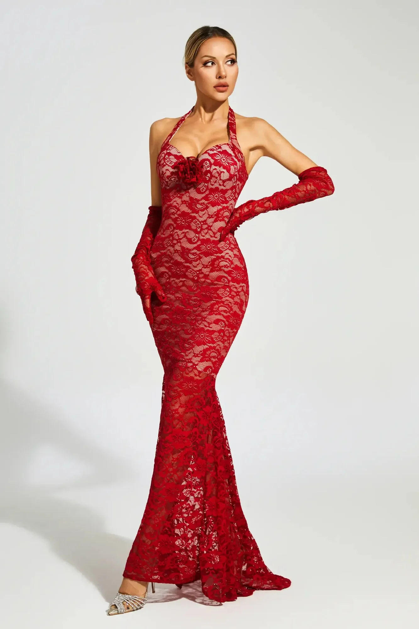 Wine Red Lace Mesh Maxi Dress - Elegant Evening Wear