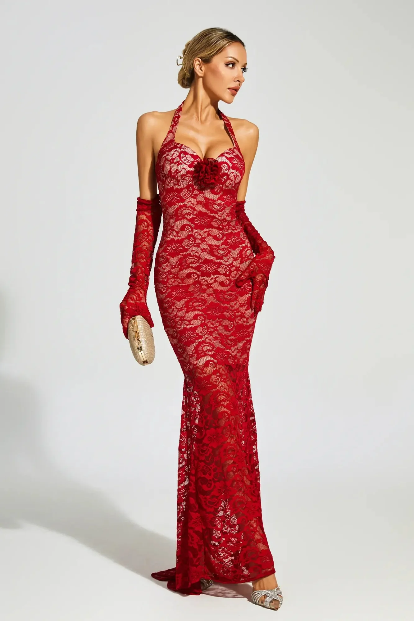 Wine Red Lace Mesh Maxi Dress - Elegant Evening Wear