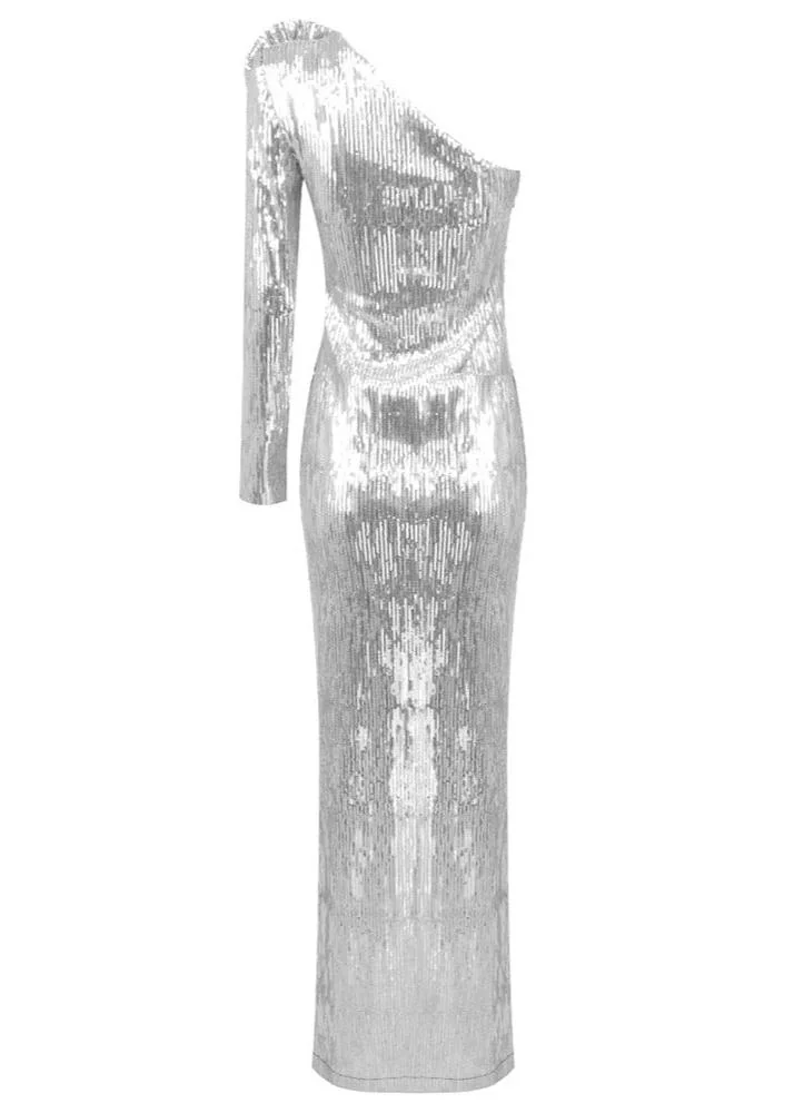 Silver Floral Sequin Gown with Appliqué Detailing