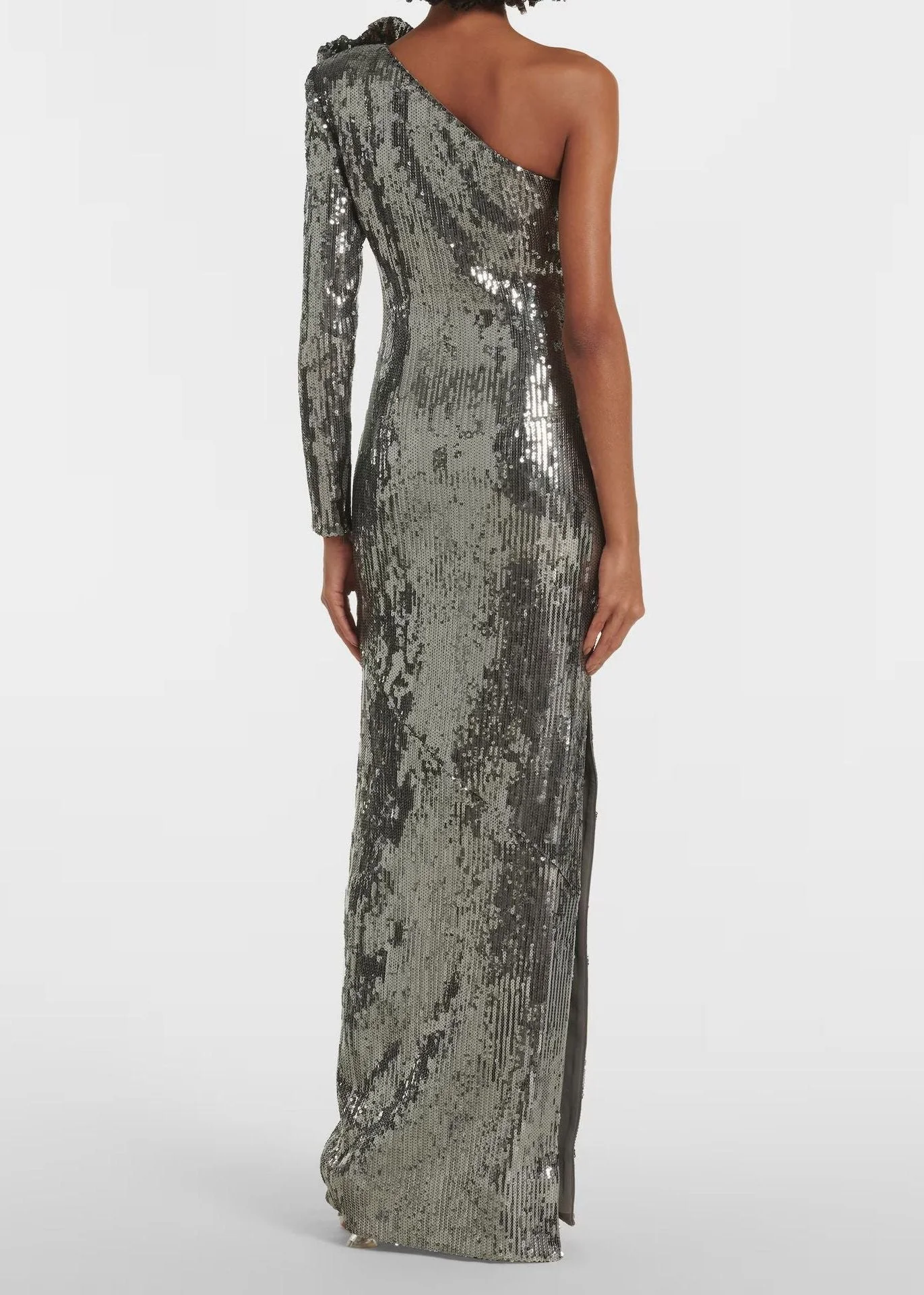 Silver Floral Sequin Gown with Appliqué Detailing