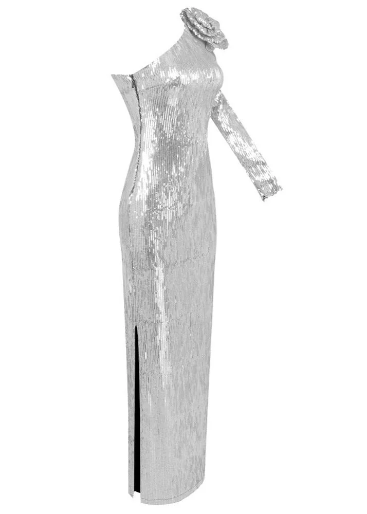 Silver Floral Sequin Gown with Appliqué Detailing