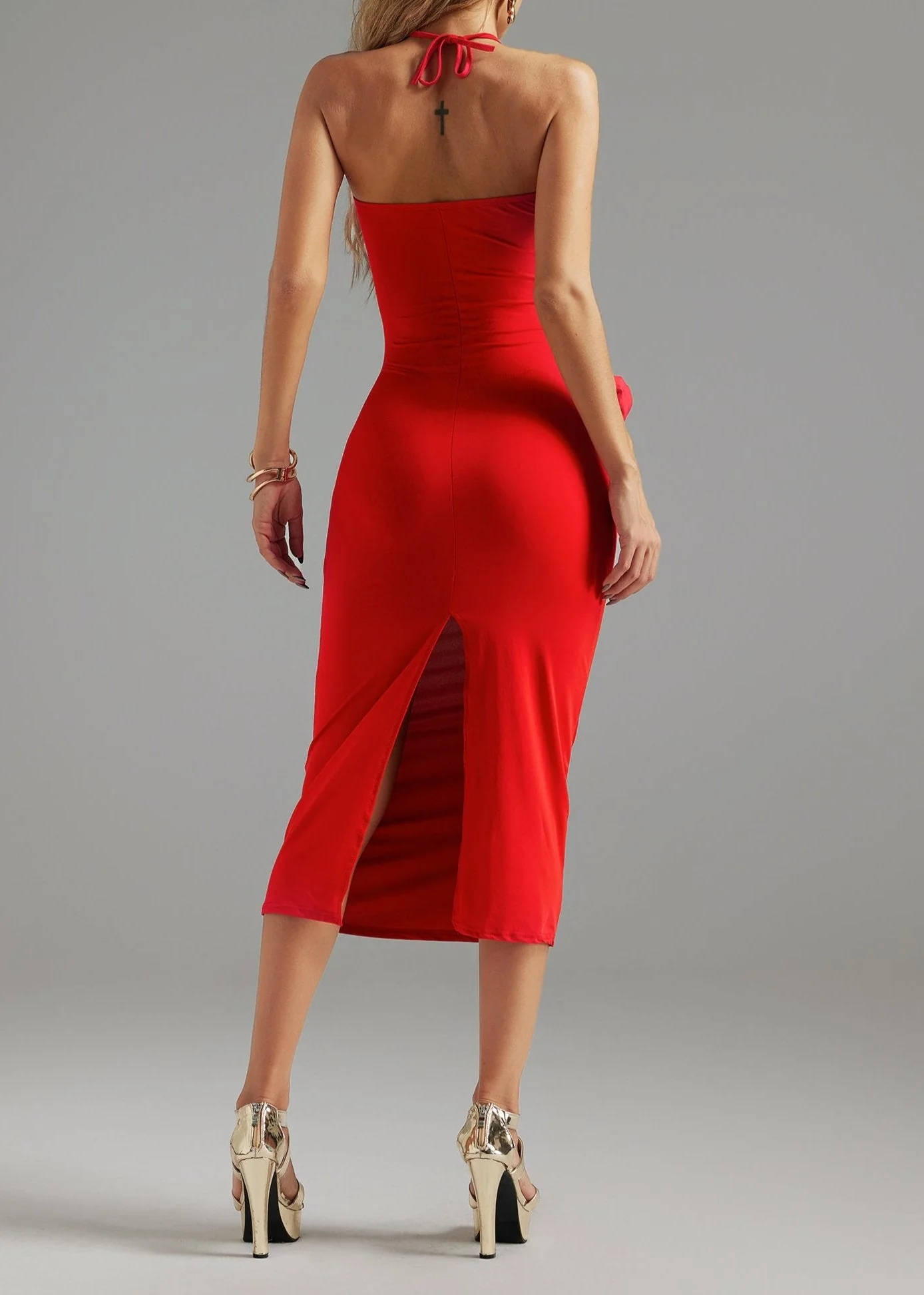 Red Floral Halter Cutout Dress - Elegant Evening Wear