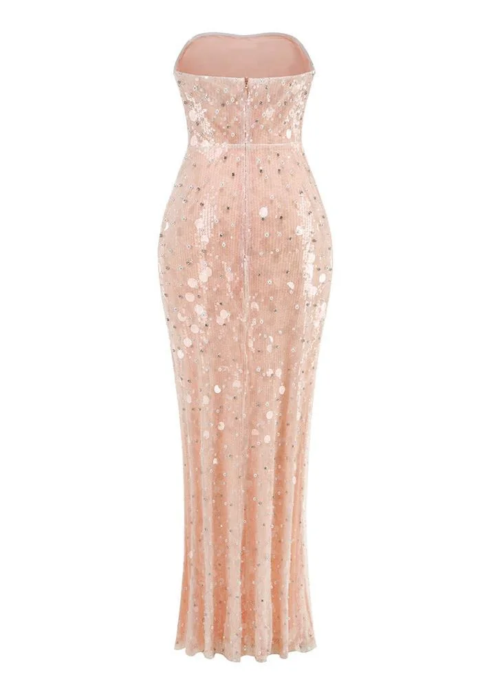 Pink Pearl Sequin Embroidered Maxi Dress for Special Occasions