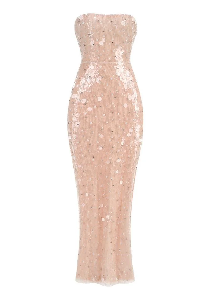 Pink Pearl Sequin Embroidered Maxi Dress for Special Occasions