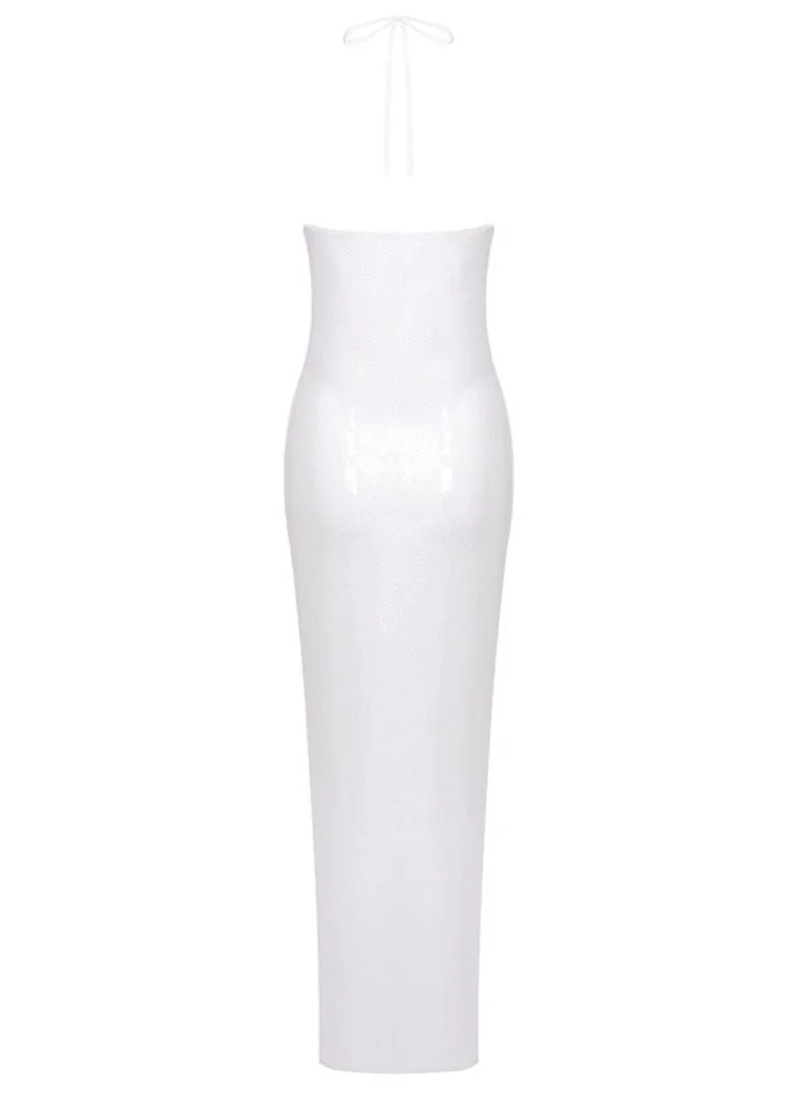 White Sequin Halter Maxi Dress with Rosette Detail