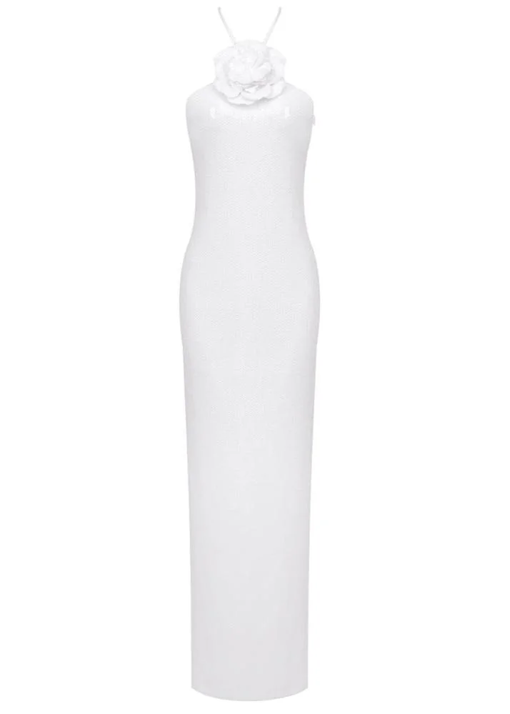 White Sequin Halter Maxi Dress with Rosette Detail