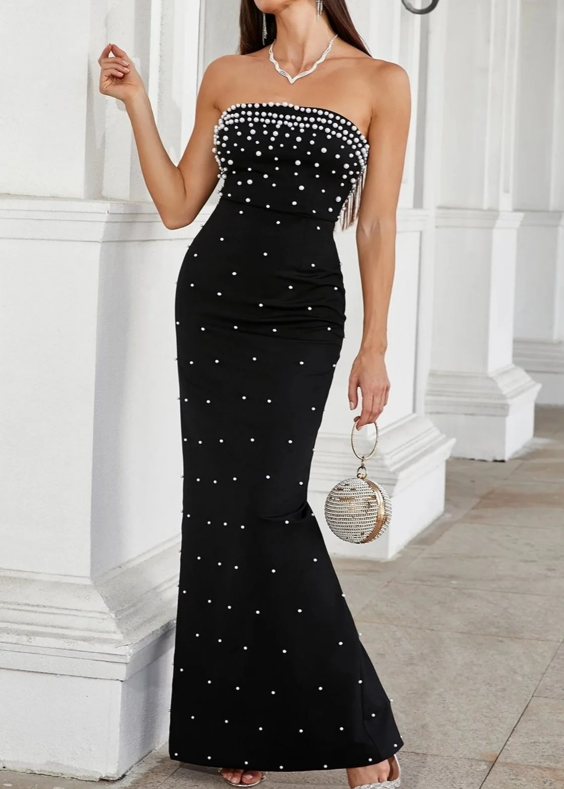 Black Pearl-Embellished Strapless Evening Gown