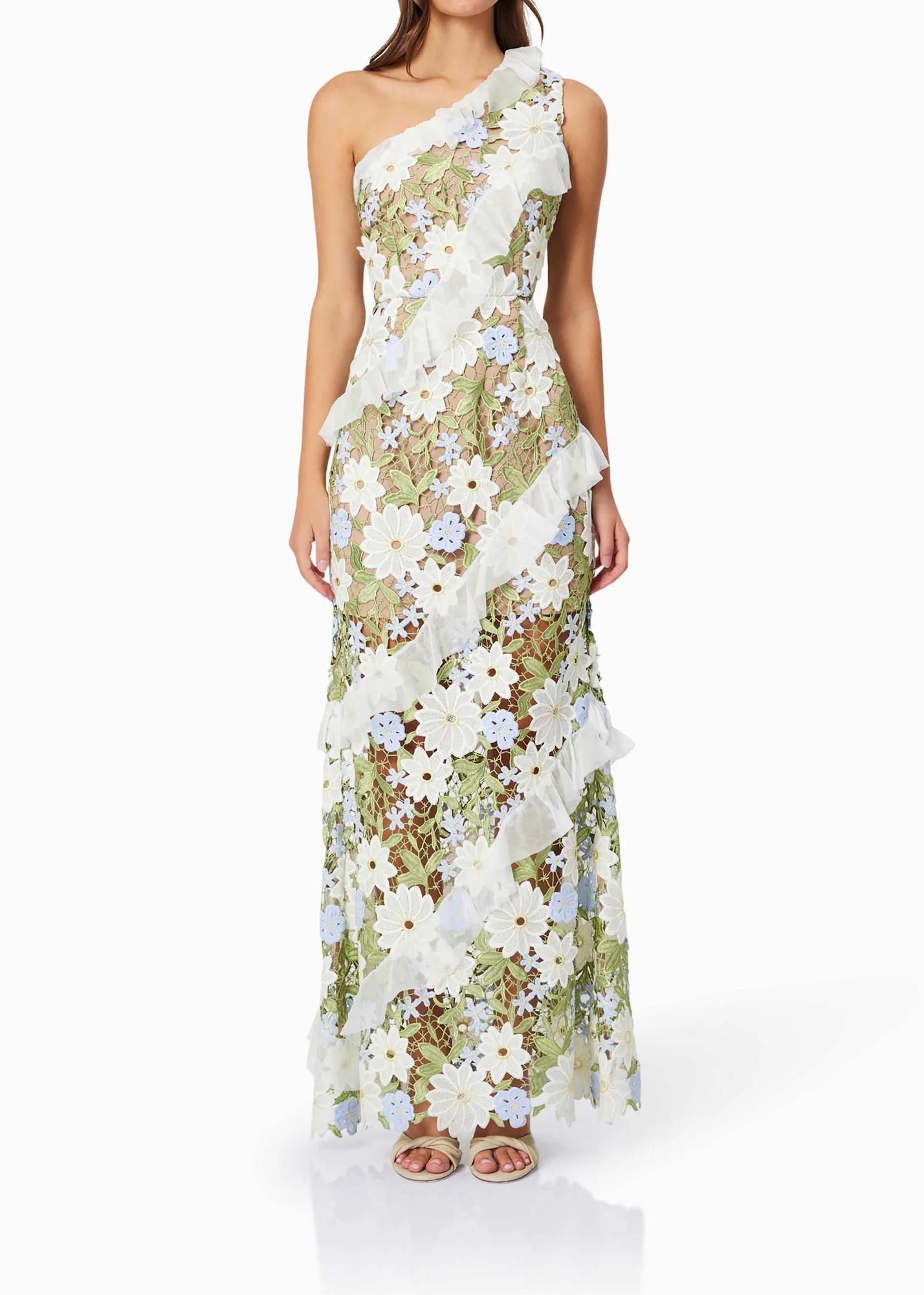 Green Lace One Shoulder Maxi Dress - Floral Elegant Design