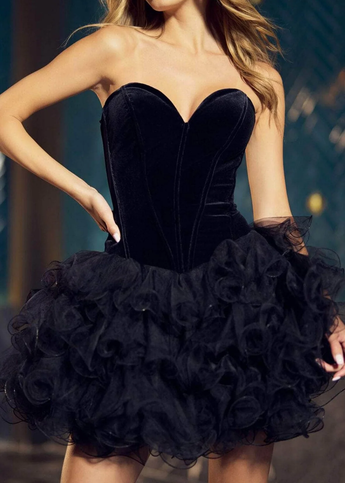 Black Ruffled Organza Corset Mini Dress - Elegant & Stylish