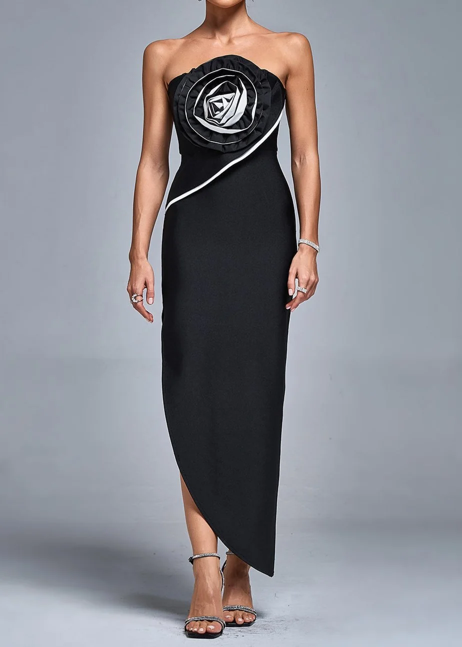 Black Strapless Flower Bandage Maxi Dress