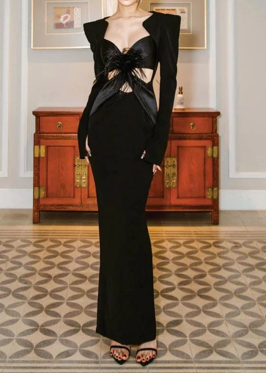 Black Floral Cutout Maxi Dress with Feathers Detail