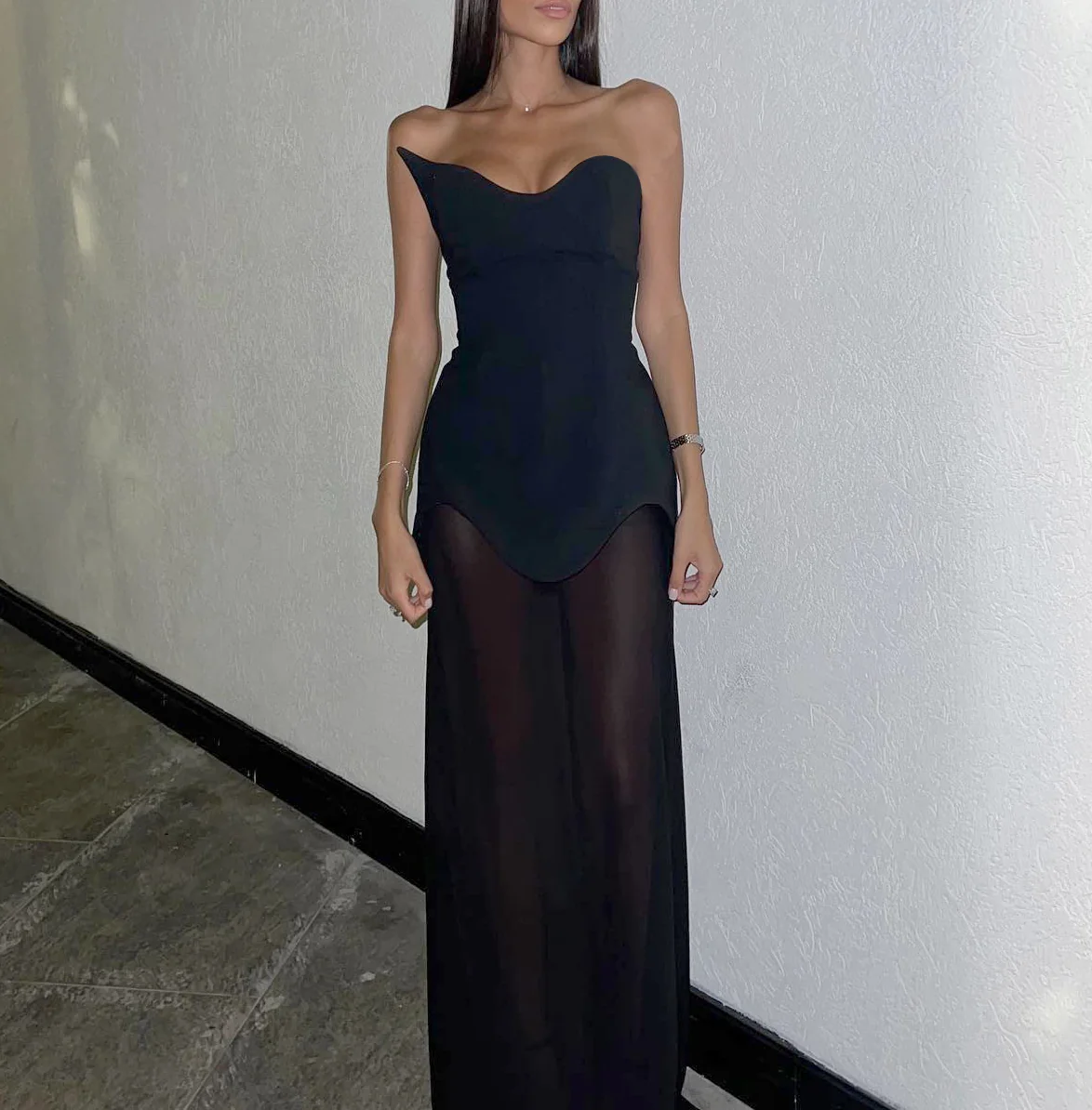 Black Bandage Mesh Maxi Dress - Bodycon Style